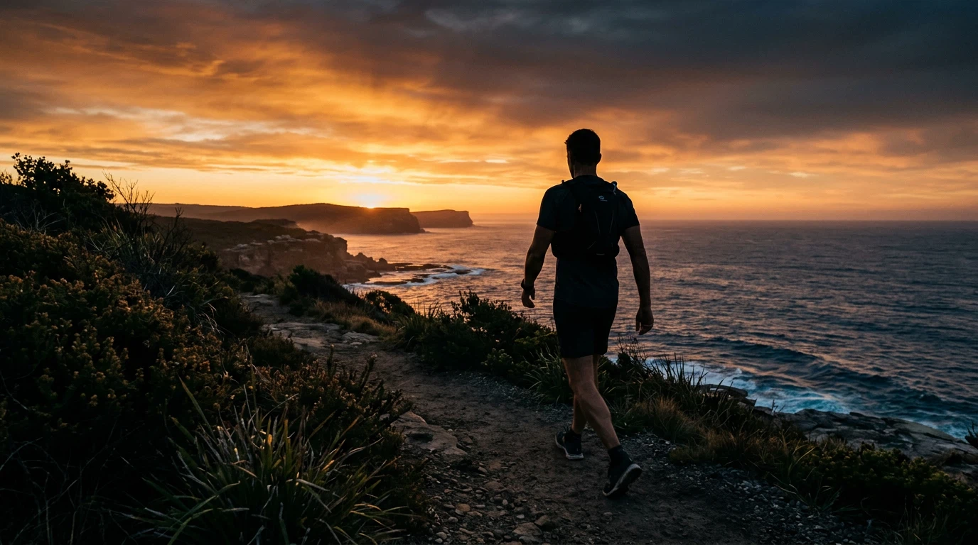 Man from behind walking outdoors at sunrise - men's health after 50 natural supplement